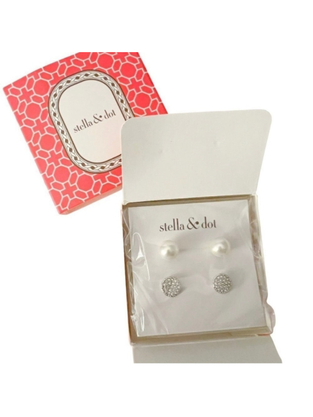 Stella & Dot earrings new sealed in box faux pearl silver discs lightweight NEW